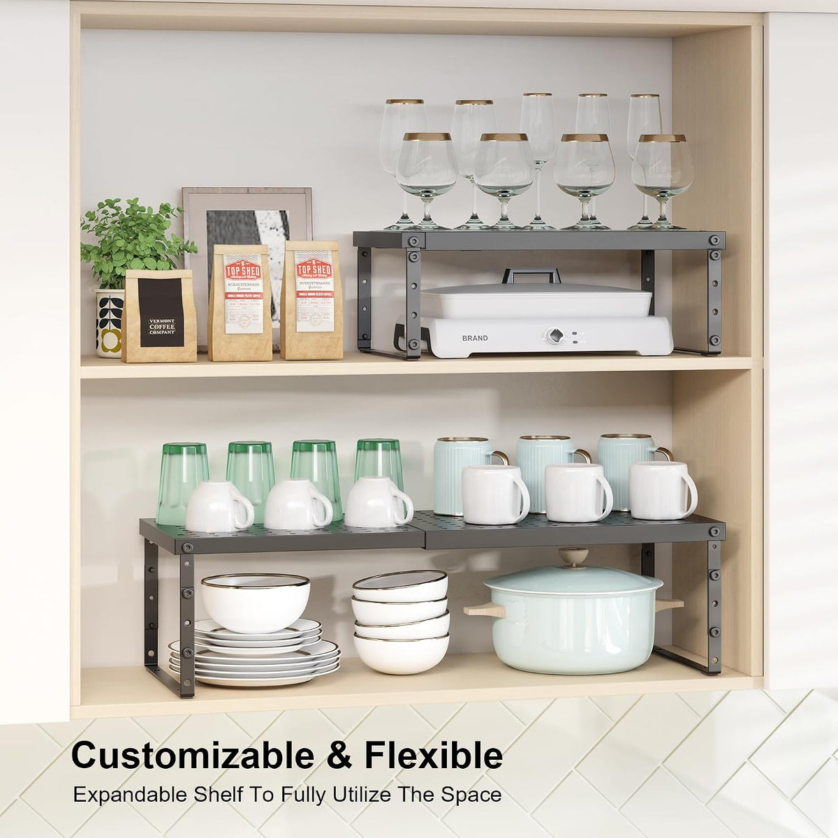RUILALIFE Expandable Cabinet Organizer Shelf With Adjustable Height, Stackable Kitchen Countertop Organizer Rack, Adjustable Shelf Riser For Kitchen Counter, Pantry, Cupboard, Desk, Tabletop