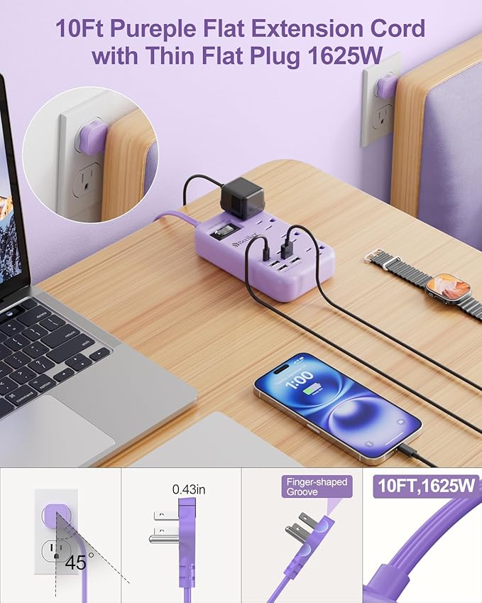 6 USB(2 USB C) Purple Surge Protector Power Strip- 10 Ft Purple Extension Cord with 24W USB Charging Station and 4 Outlets, Pink Desk Accessories for Cute Kawaii Lavender Travel Dorm Room