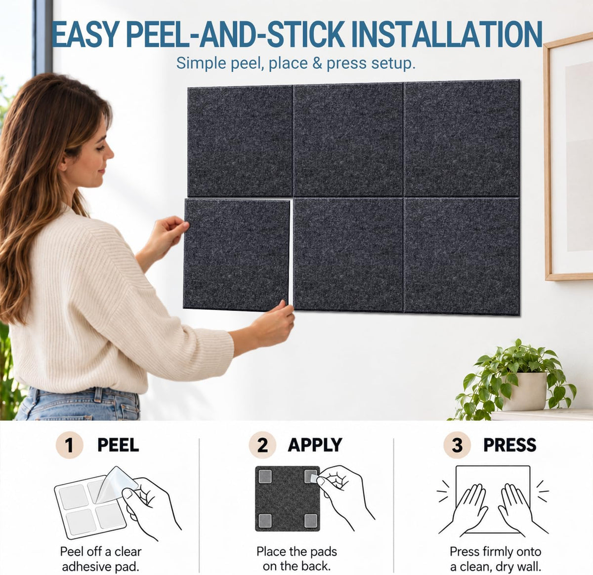 Hiksuky EcoCork Pro 48"x36" Modular Felt Wall Panels - 12 Pack Recycled Felt Tiles with Damage-Free Adhesive, Customizable Cork Board Alternative for Office & Home Decor Gray