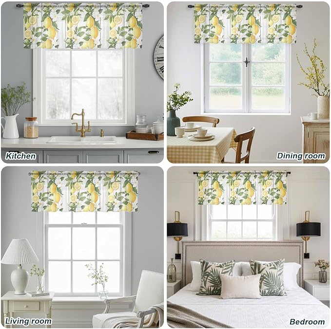 Spring Summer Lemon Sheer Valance Curtains, Leaf Flower White Wood Grain Light