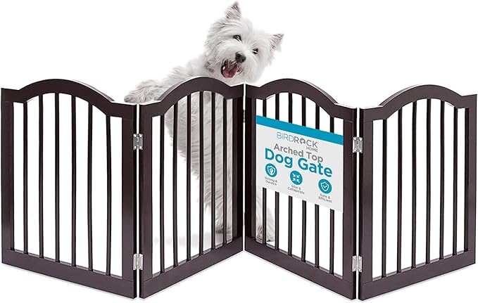 INTERNET'S BEST Arched Top Dog Gate | 4 Panel, 24" H Wooden Pet Barrier for Dogs or Cats | Freestanding Folding Room Divider for Doorways, Hallways, Stairs, and Porch | Portable, Extra Wide | Espresso