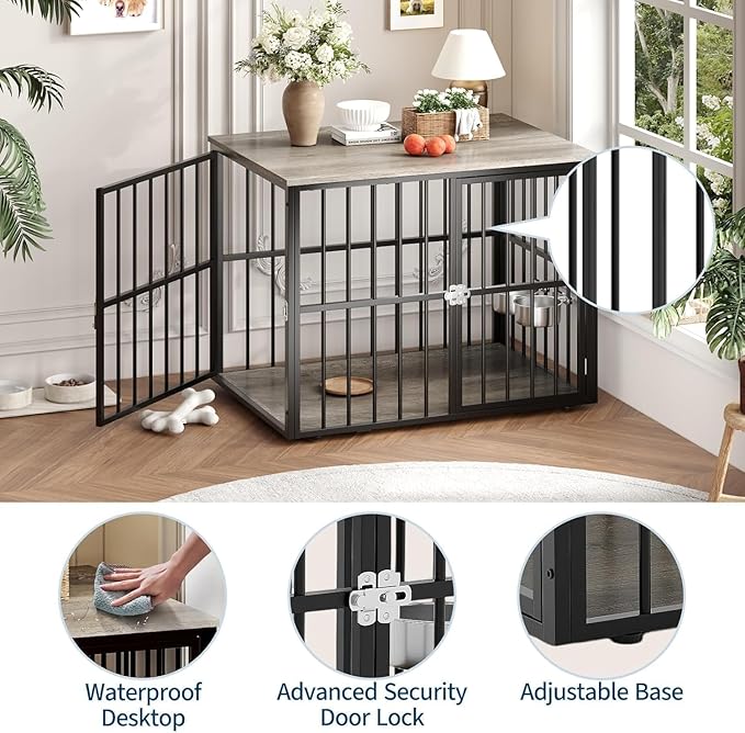 43 Inch Indoor Dog Crate End Table Furniture with Double Doors, Wooden Pet Cage Side Table, Heavy-Duty Dog Kennel for Medium and Large Breeds