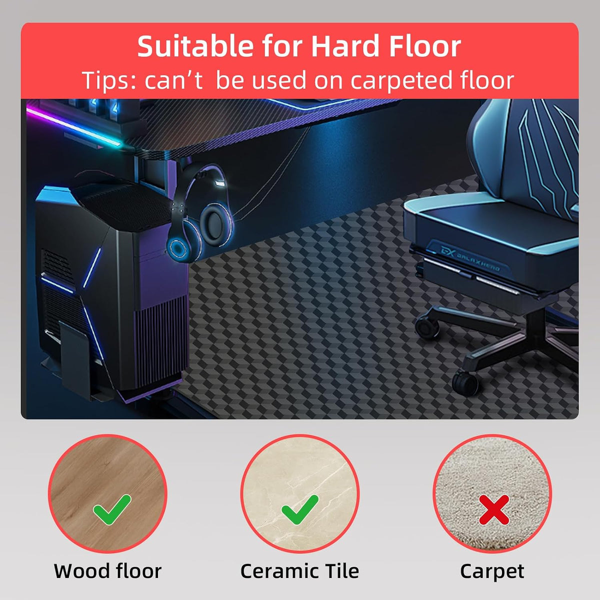 AiBOB Gaming Chair Mat for Hardwood Floors - 53"x45" Office Chair Mat for Hard and Tile Floor | Anti-Slip Protector Mat