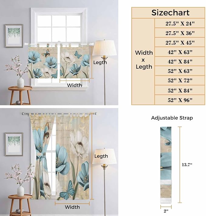 Spring Flowers Kitchen Curtains 24 Inch Length, Small Window Curtains Tab Top