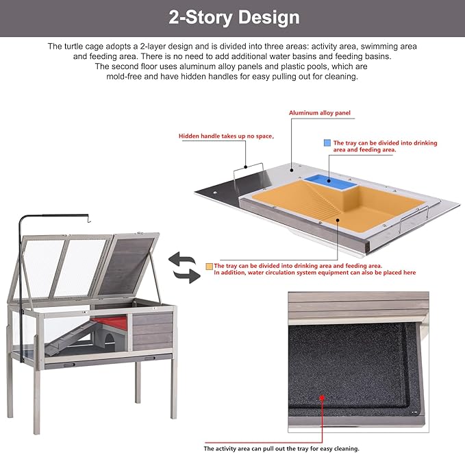 BIRASIL Wood Tortoise Enclosure with Adjustable Light Stand,2-Tier Habitat Reptile Cage with Feeding Area Swimming Area, Turtle House for Small Animals Lizards Hamster (Gray)