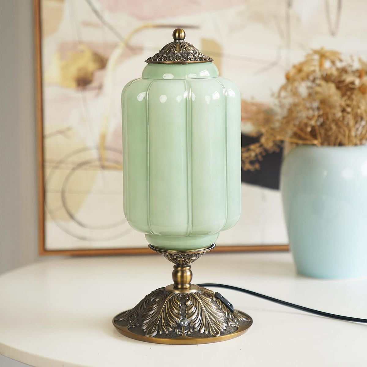 Vintage Milk Glass Table Lamp, Antique Brass Touch Desk Lamp, Green 3-Way