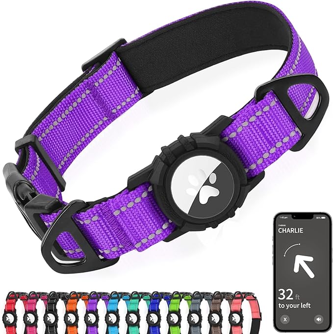 Joytale Airtag Dog Collar, Reflective Pet Collar with Waterproof AirTag Holder, Dual D-Rings, Soft Padded Adjustable for Large Dogs, Purple, L