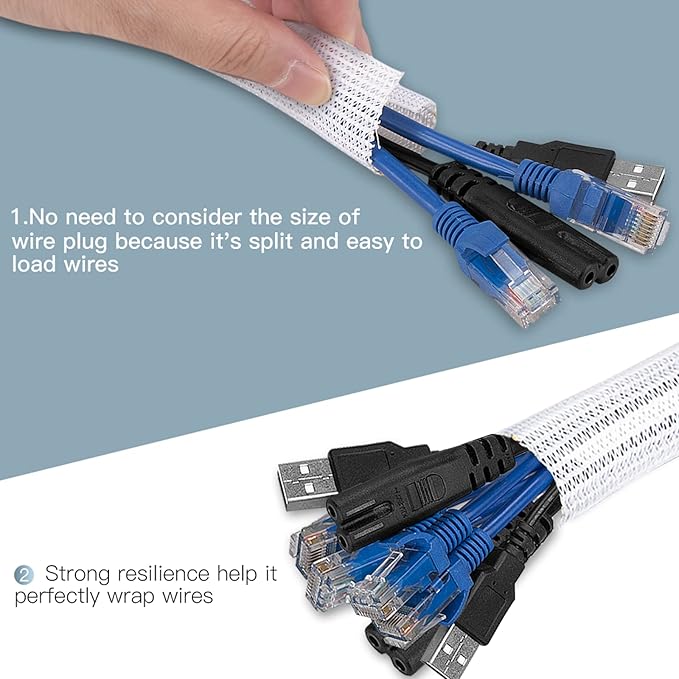 AGPTEK Cable Sleeve Cover, 6.6ft - 1.5 inch Desk Cord Organizer Cable Hider, Home Office Wire Management Computer TV Wire Loom Tubing, Pet Proof Cord Protector, from Cat Dog Chewing, White