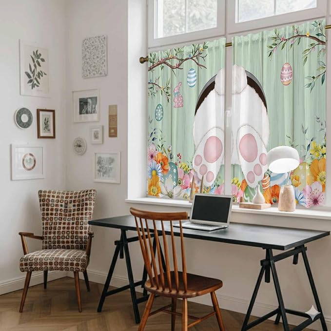 Easter Kitchen Tier Curtains 45 Inch Long 2 Panel Set, Rod Pocket Short Window