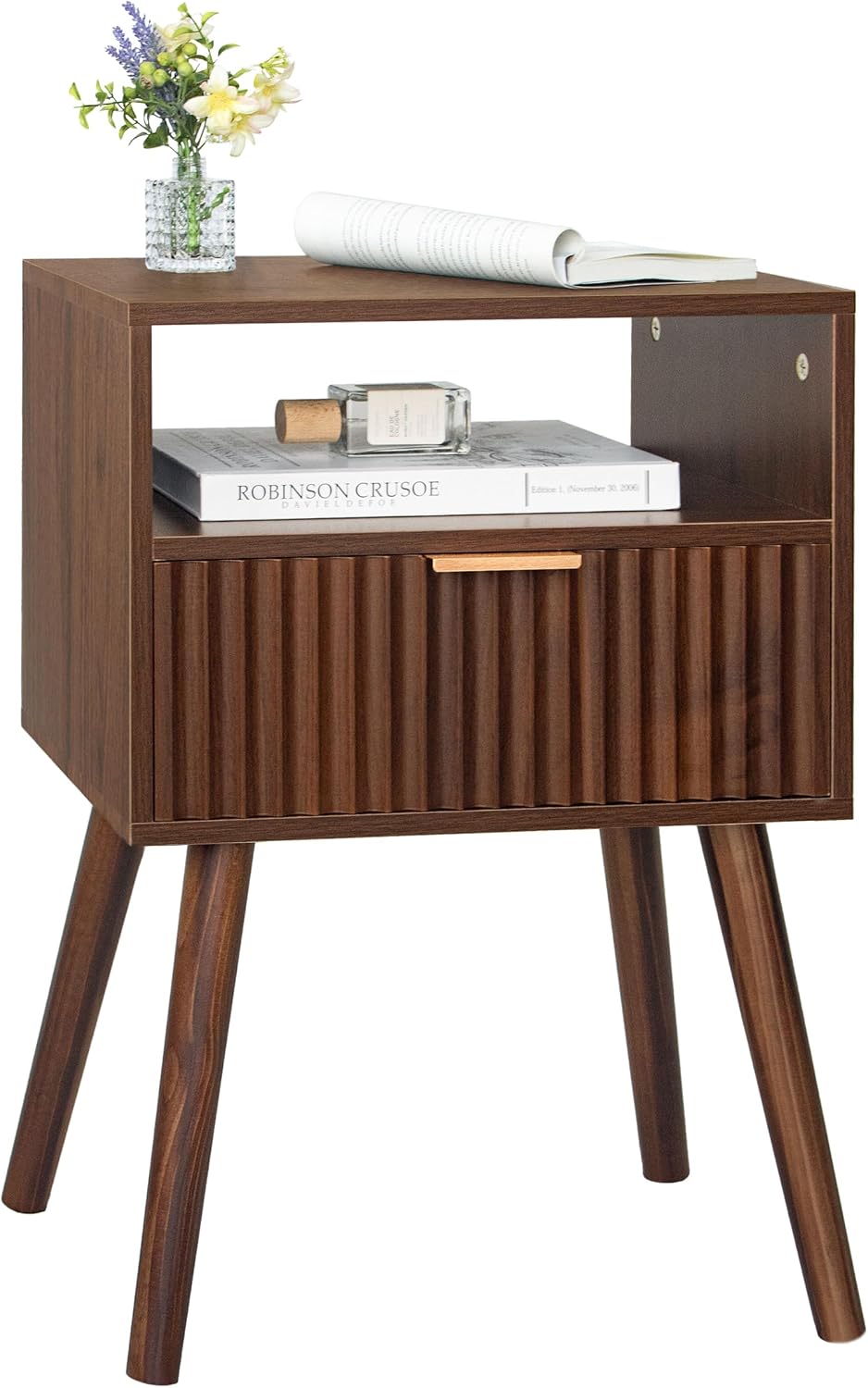 Fultyle Walnut Nightstand, Fluted Night Stand with Drawer and Open Shelf