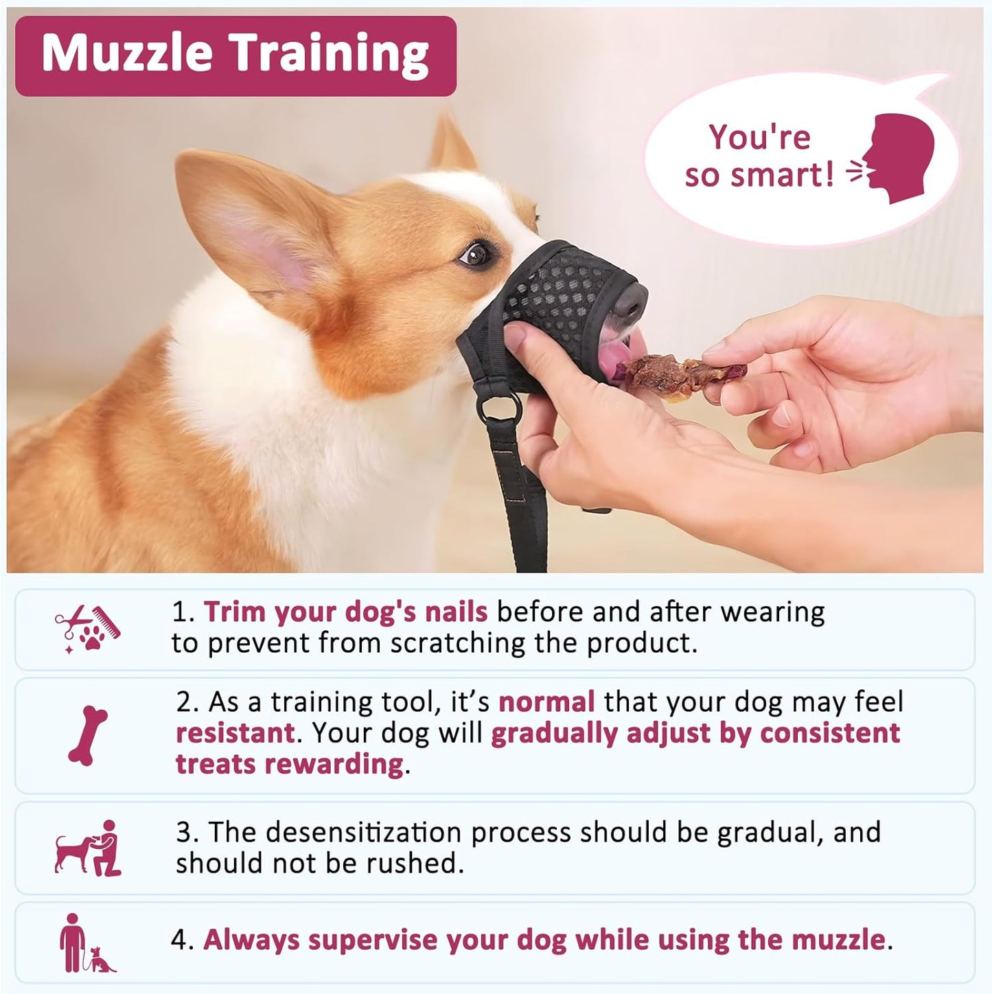 LUCKYPAW Soft Muzzle for Medium Large Sized Dogs Beagle Labrador German Shepherd, Dog Muzzle to Prevent Biting Chewing, Adjustable Breathable Mouth Guard for Grooming Walking Training(Hot Pink, XL)