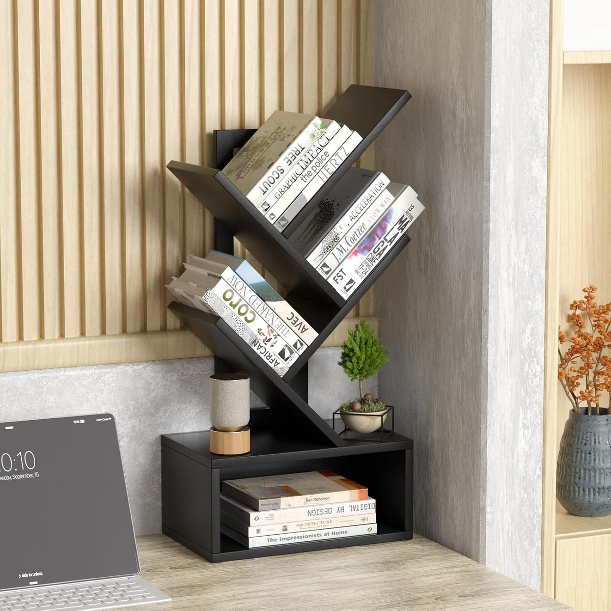 SHEEPAM 5 Tier Tree Book Case, Small Bookshelf with Shelf