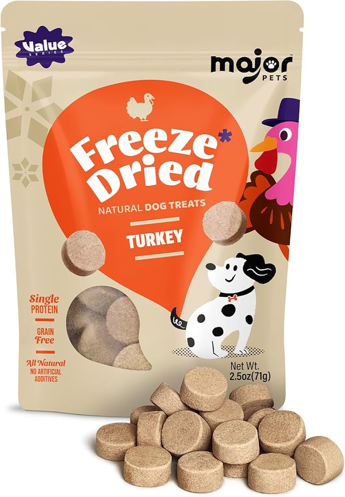 MAJOR PETS Freeze Dried Turkey Dog & Cat Treats, Quality High Protein, Hypoallergenic, Grain Free, Gluten Free, Human-Grade, Made in the USA, Easy to Digest for Training & Meal Topper, 2.5oz