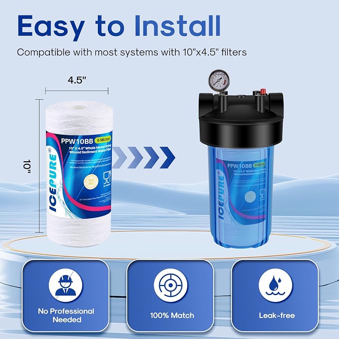 ICEPURE 5 Micron 10”*4.5'' Whole House Sediment String Wound Water Filter