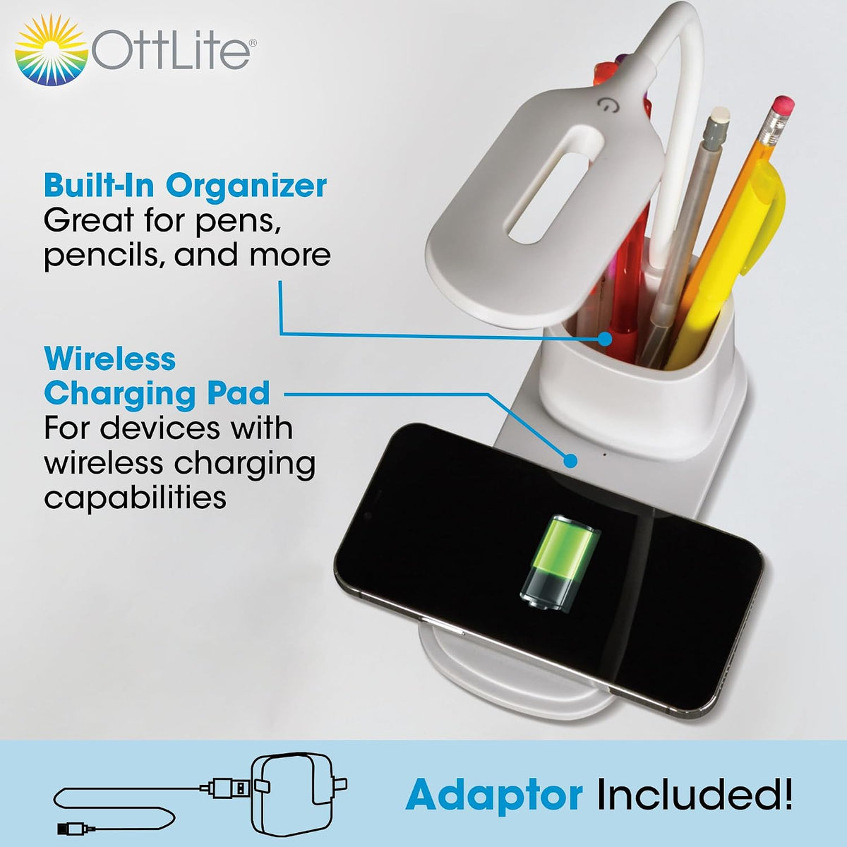 OttLite Organizer LED Desk Lamp with Wireless Charging, White
