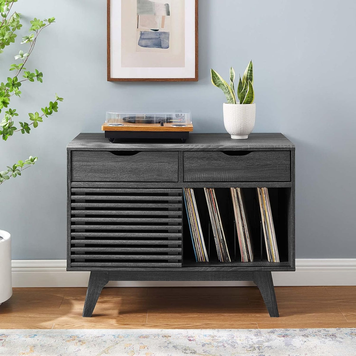 Modway Render Mid-Century Modern 37" Vinyl Record Display Stand with Drawers in Charcoal