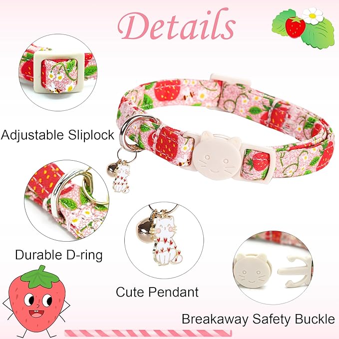 Cat Collar-2 Pack Cat Collars bee & Strawberry Cat Collar Breakaway with Kitten and Bell Pendant Safety Buckle Adjustable Cute Pet Collar for Girl Cats Gift for Cats and Small Pets