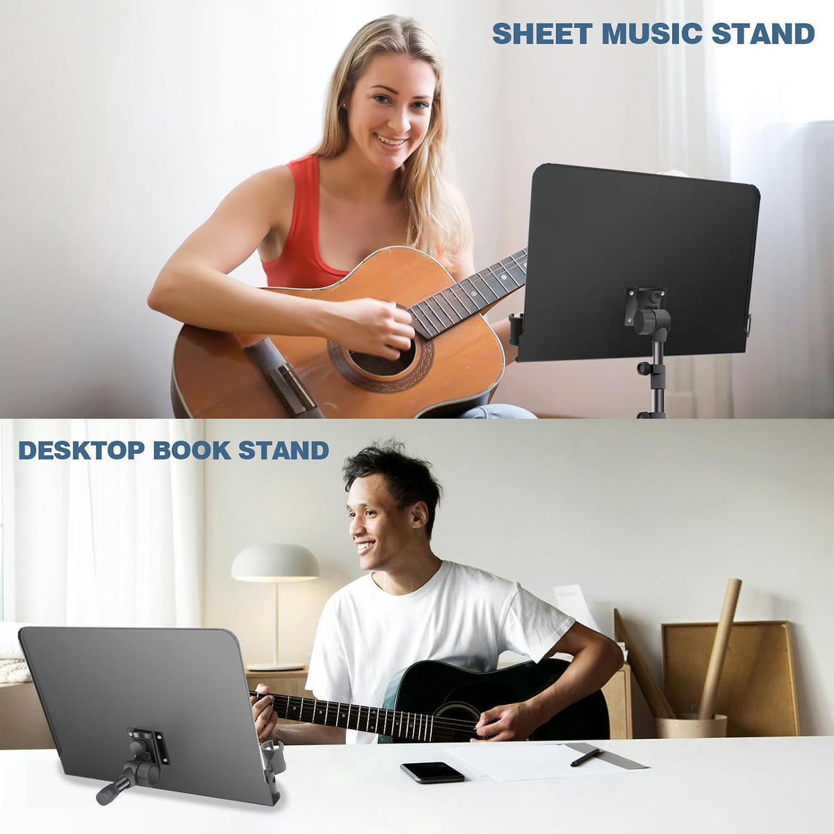 5 in 1 Dual-use Sheet Music Stand & Desktop Book Stand, Height Adjustable from 23.6-59 in, Folding Music Stand with Portable Carrying Bag, Sheet Music Folder & Rechargeable Music Stand Light