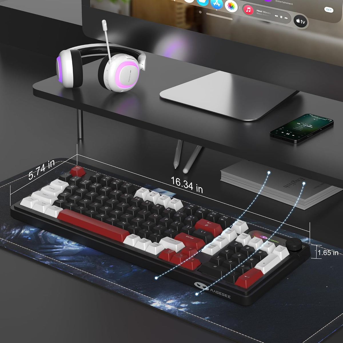 MageGee GK960 Wireless Keyboard, 98 Keys Tri-Mode BT/2.4G/Wired Membrane Gaming Keyboard, RGB Creamy Keyboard with Number Pad, Knob Control, 4000mAh Battery - White & Black
