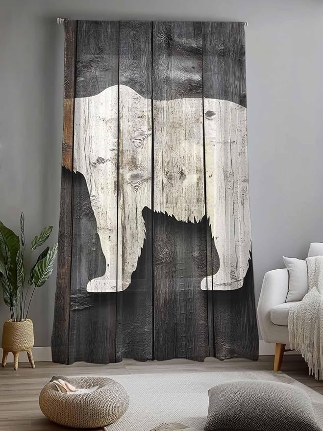 Sheer Curtains 108 Inches Long, Vintage White Brown Bear Semi Sheer Curtains