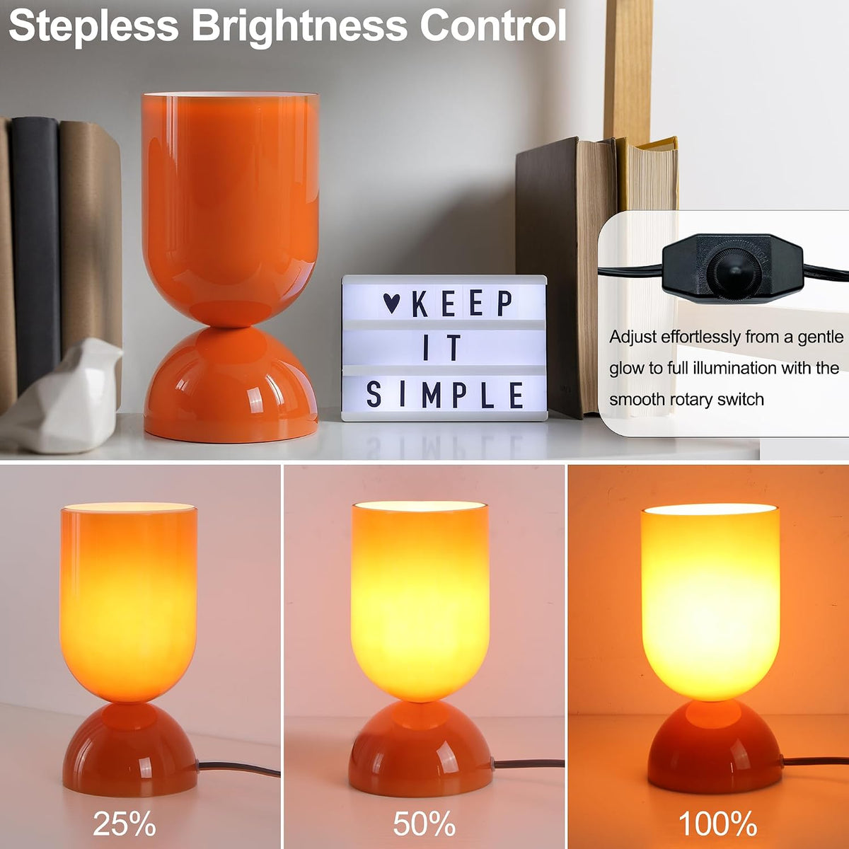 8.9" Dimmable Modern Glass Table Lamp with Dome Base, Glossy Orange
