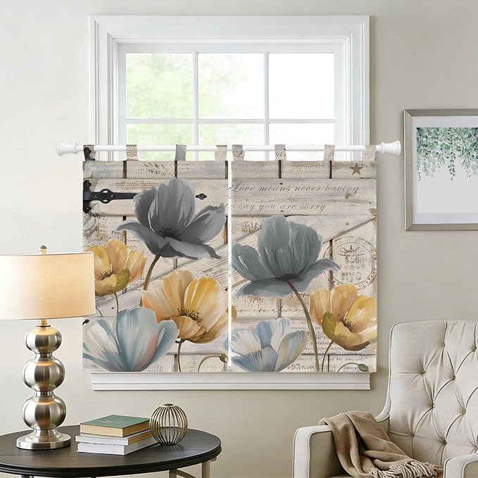 Spring Tulips Flower Kitchen Curtains 45 Inch Length, Short Cafe Window