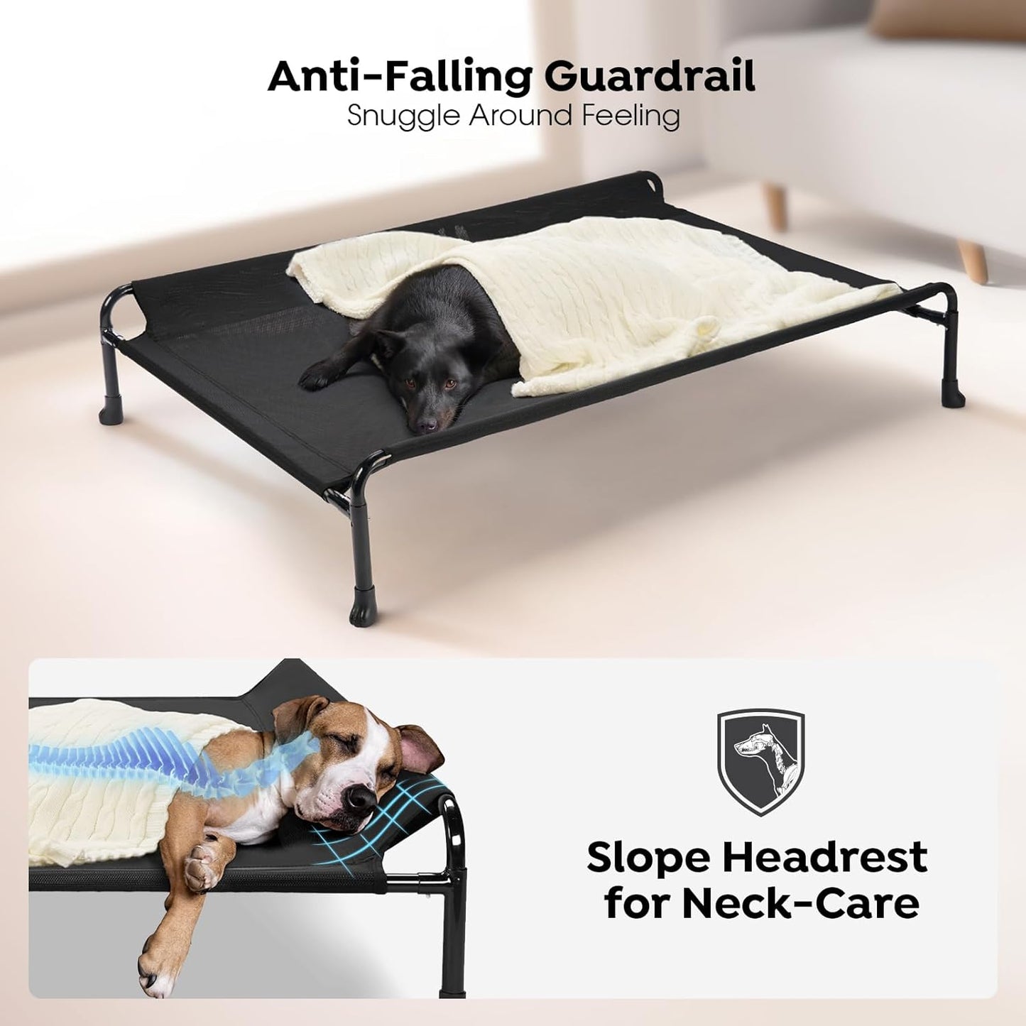 Veehoo Elevated Dog Bed, Cooling Raised Dog Bed with Guardrail & Headrest, Upgraded Non-Slip Silicon Feet, Breathable Teslin Mesh, Portable Pet Cot for Indoor and Outdoor, 29 x 18 Inches, Black