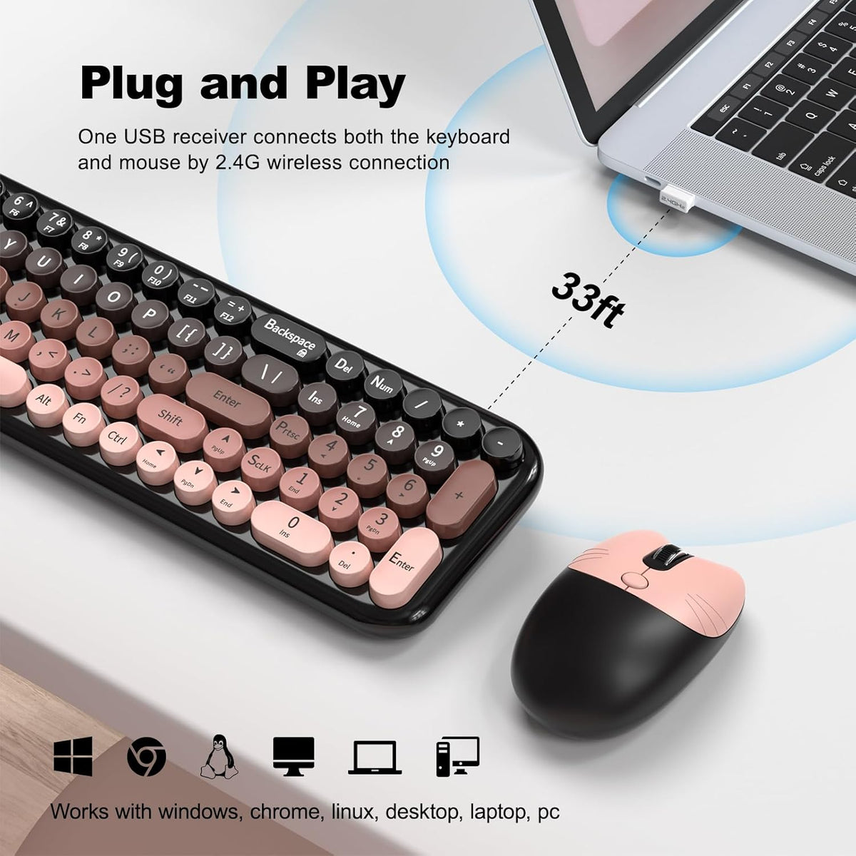 Wireless Keyboard and Mouse Combo, MOWUX Compact Typewriter Retro Round Computer Keyboard, Cute Optical Mouse Wireless, Plug and Play, for Laptop, PC, Computer- BlackBerry Gradient