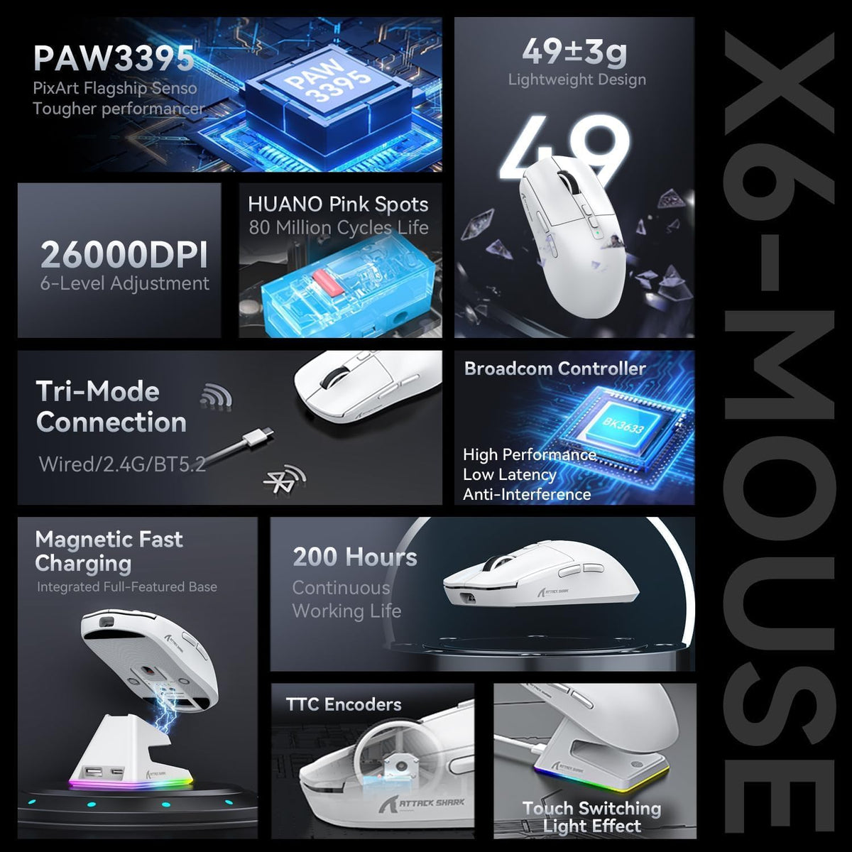 MAMBASNAKE Attack Shark X6 Wireless Gaming Mouse,RGB Magnetic Charging Dock,X3 Upgrade, 49g Ultralight 2.4GHz/BT5.2/USB-C Tri-Mode,PAW3395 Sensor 26KDPI,G502 Programmable Mice for Win/Mac - White