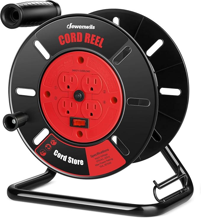 DEWENWILS Extension Cord Storage Reel with 4-Grounded Outlets, Heavy Duty Open Cord Reel for 12/3,14/3,16/3 Gauge Power Cord, Hand Wind Retractable, 15A Circuit Breaker, Rocker Power Switch