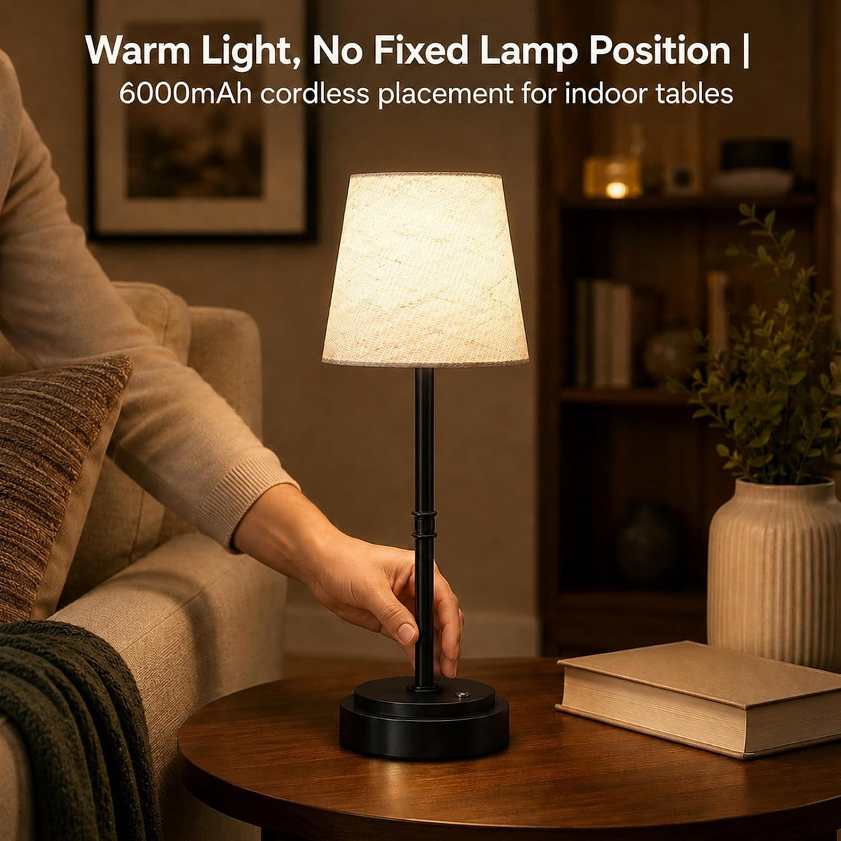 Rechargeable Cordless Table Lamp, Battery Operated Bedside Lamp, Black