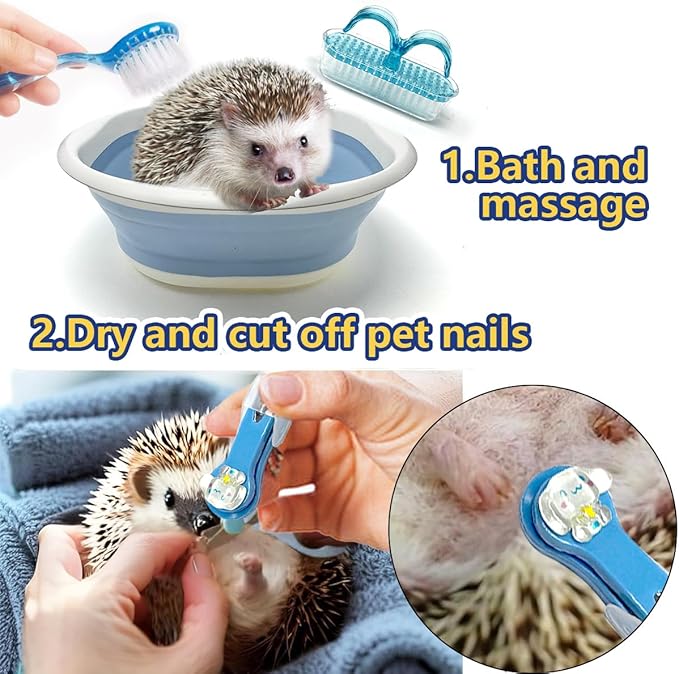 7 Pcs Hedgehog Bath Supplies Kit, Small Animal Bath Supplies Include Bathtub, Nail Clippers, Cleaning Brushes, Towel, Swim Ring for Pet Hamster Hedgehog Guinea Pig Rabbit Cat Kitten
