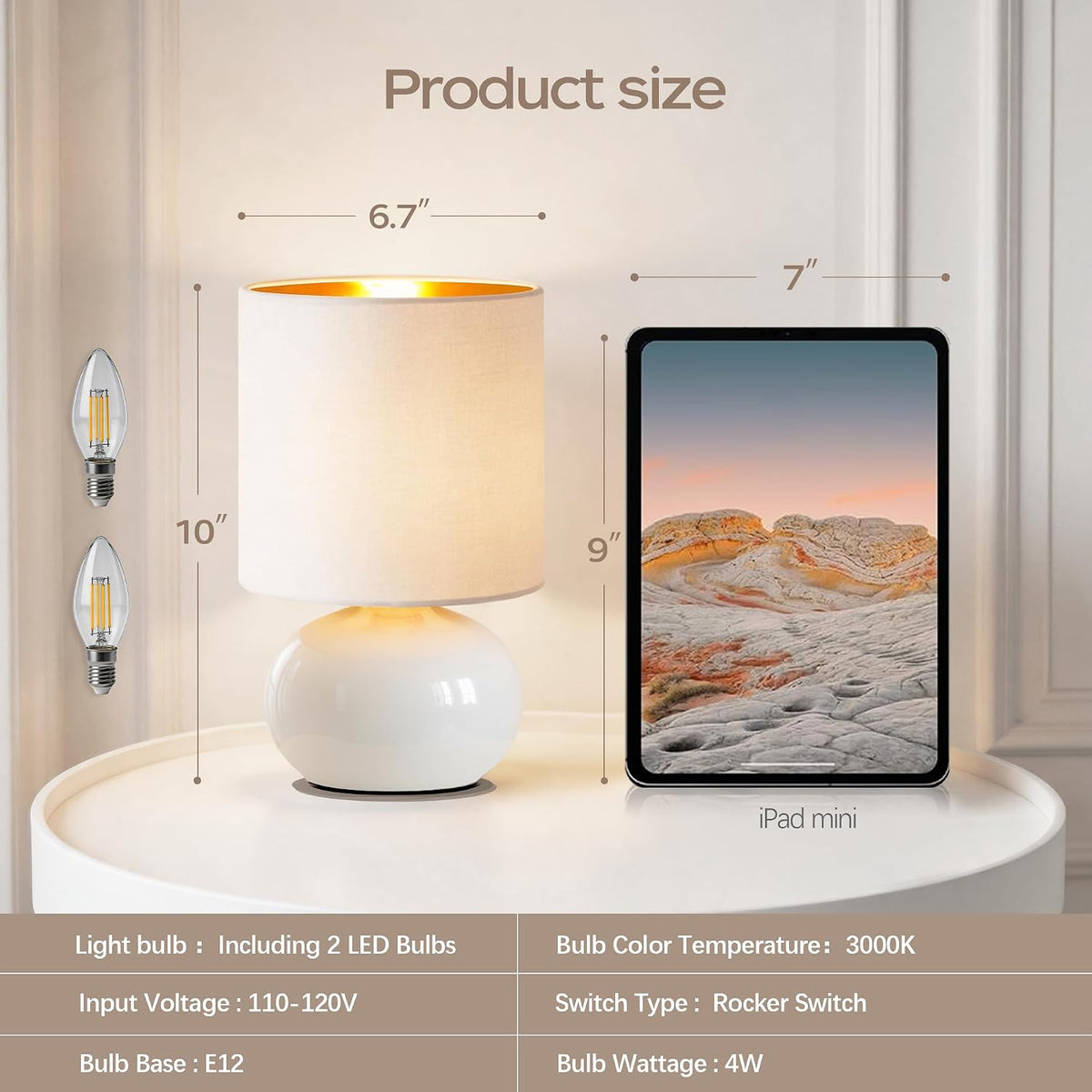 Hamucd Ceramic Table Lamps Set of 2, Modern Classic Bedside Lamps for Nightstand, Small Table Lamp for Bedroom Living Room Desk End Table (White)