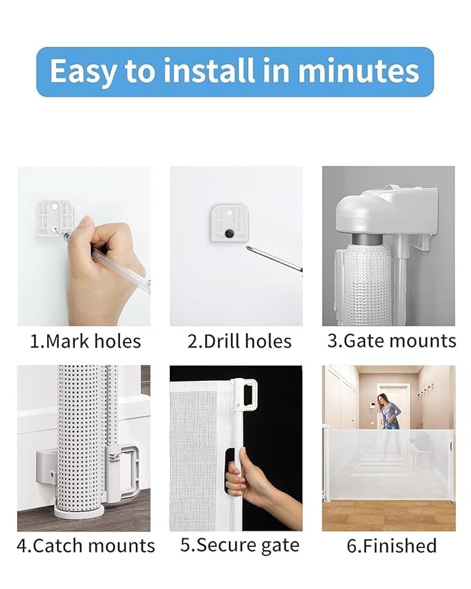 Retractable Baby Gate for Doorways and Stairs, Mesh Safety Gate for Pet, Indoor & Outdoor Use, One-Hand Operation, Easy Installation, 33.6" Tall, Expands to 55" Wide（White,33.6"x55"