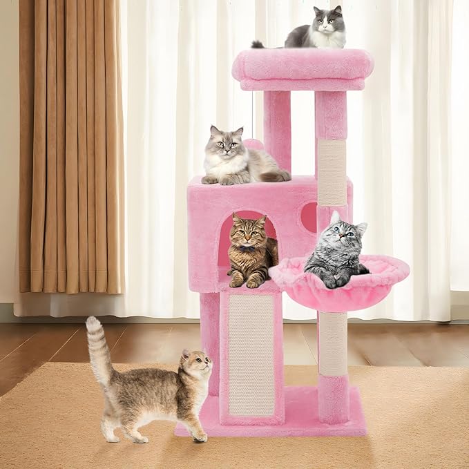 Athena Collection Cat Tree, 36 Inch Tall Cat Tree Tower for Indoor Cats, Multi-Level Cat Tower House Activity Center Climbing Tower with Cat Condo & Hammock & Scratching Post & Dangling Ball, Pink