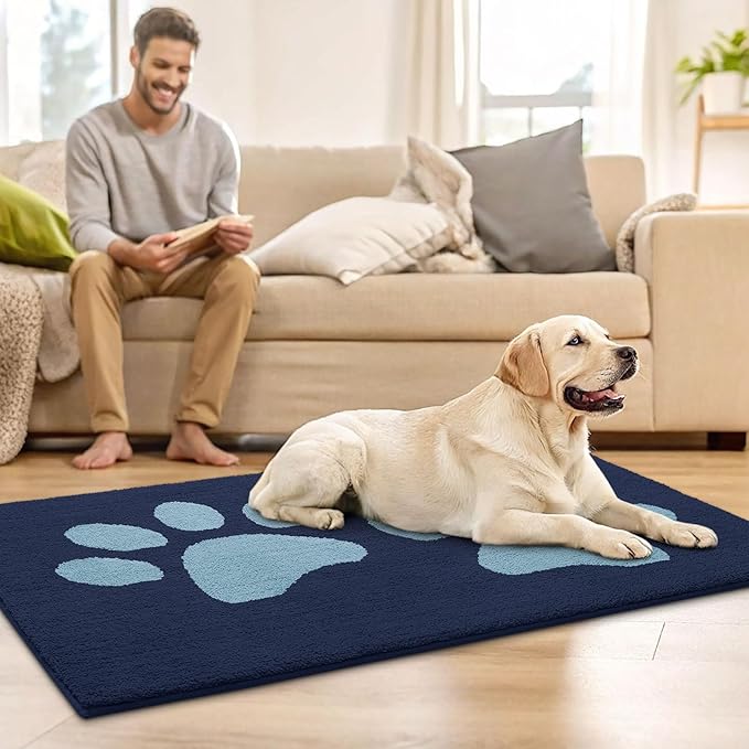 Buganda Dog Door Mat for Muddy Paws, Absorbent Dirt Trapper Washable Indoor Doormats, Non Slip Low-Profile Mud Mat for Dogs, Front Entrance Doormat for Inside Floor (48x30 Inches, Dark Blue)