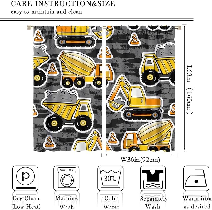 Kids Construction Excavator Window Curtains