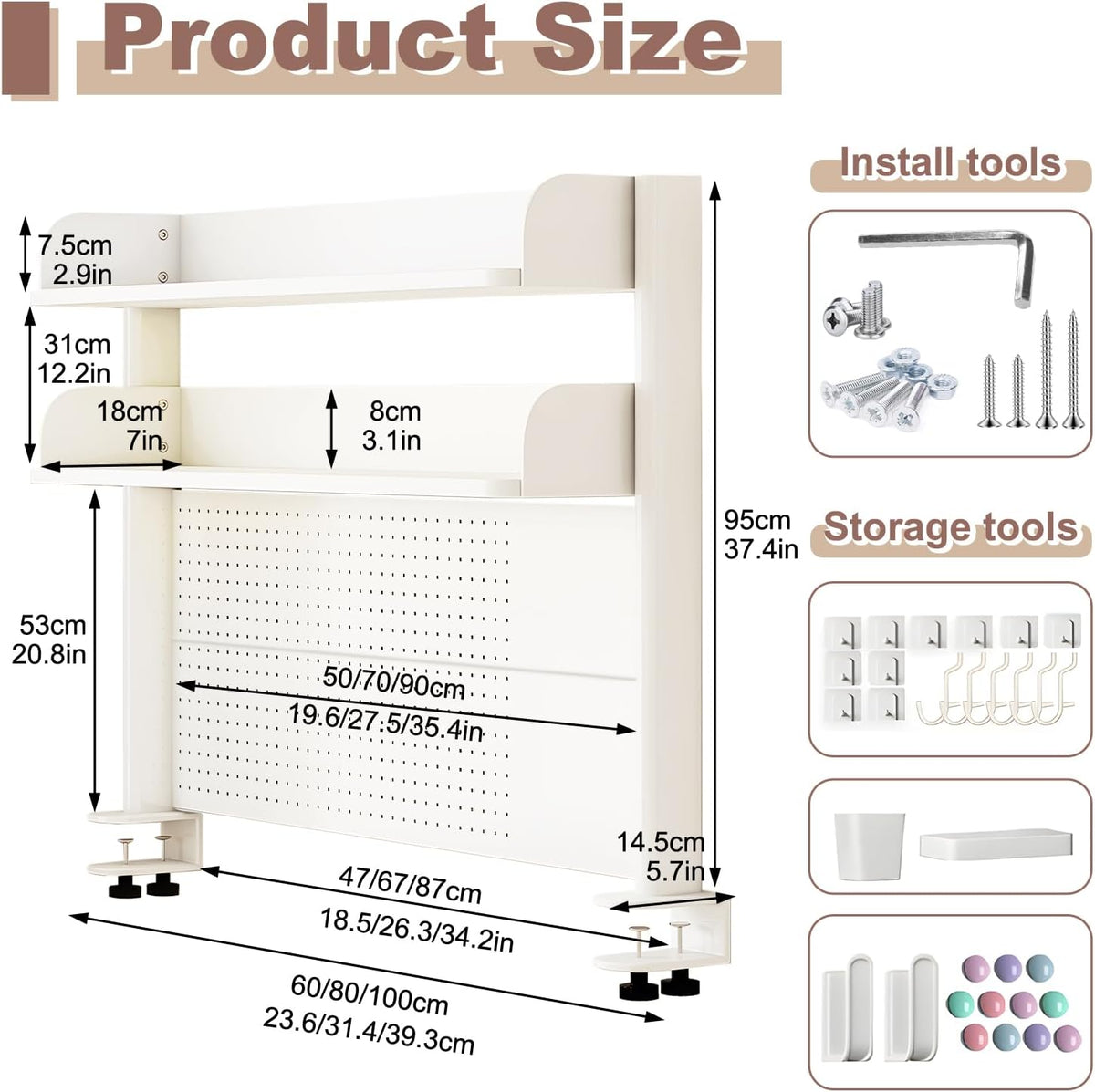 Clamp On Desk Organizer Shelf,Desk Extender Pegboard,White,39.4in