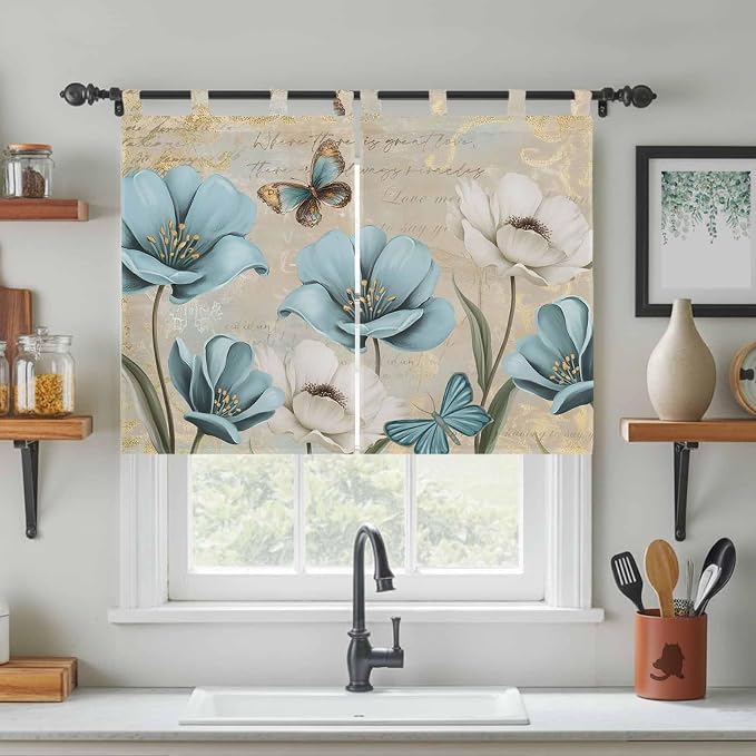 Spring Flowers Kitchen Curtains 45 Inch Length, Short Cafe Window Curtains Tab