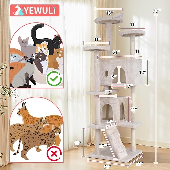 70in Cat Tree Cat Climbing Tower with Scratching Post, Cats House Perch Kitten Tree Condo Wood Playhouse, Pet Trees Tower for Indoor Cats, Beige