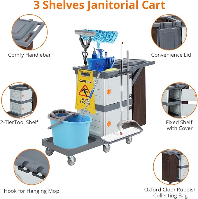Heavy-Duty Commercial Janitorial Cleaning Cart with Dual Cabinets, 3 Storage Shelves, Vinyl Trash Bag & Smooth-Rolling Wheels – Professional Housekeeping Trolley for Hotels, Schools & Apartments