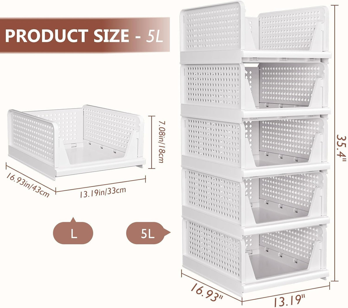 5 Pack Folding Closet Organizers Storage Box, Stackable Storage Bins, Plastic Drawer Basket Closet Storage for Wardrobe Cupboard Kitchen Bathroom Office White-5L