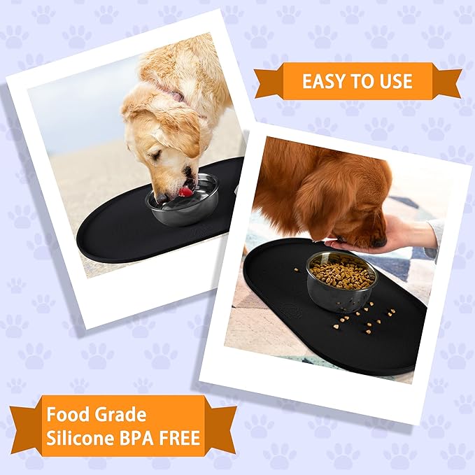 100% Waterproof 0.5" Raised Edge BPA Free Silicone Dog Food Mat, Pet Cat Feeding Mats Contain Spills Protects Floors, Placemats for Cats and Dogs Water Bowl Dishwasher. (Large/XL, Black)