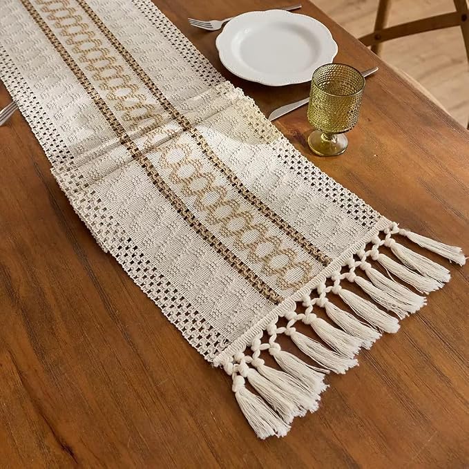 Boho Table Runner for Christmas, Woven Cream & Brown Macrame Dining Table