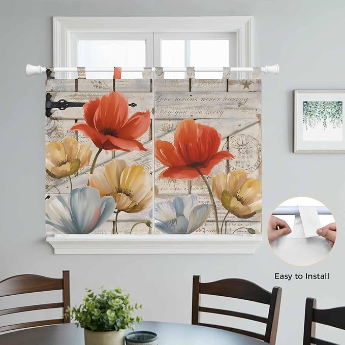 Retro Floral Bedroom Curtains 63 Inch Length, Window Curtains Tab Top