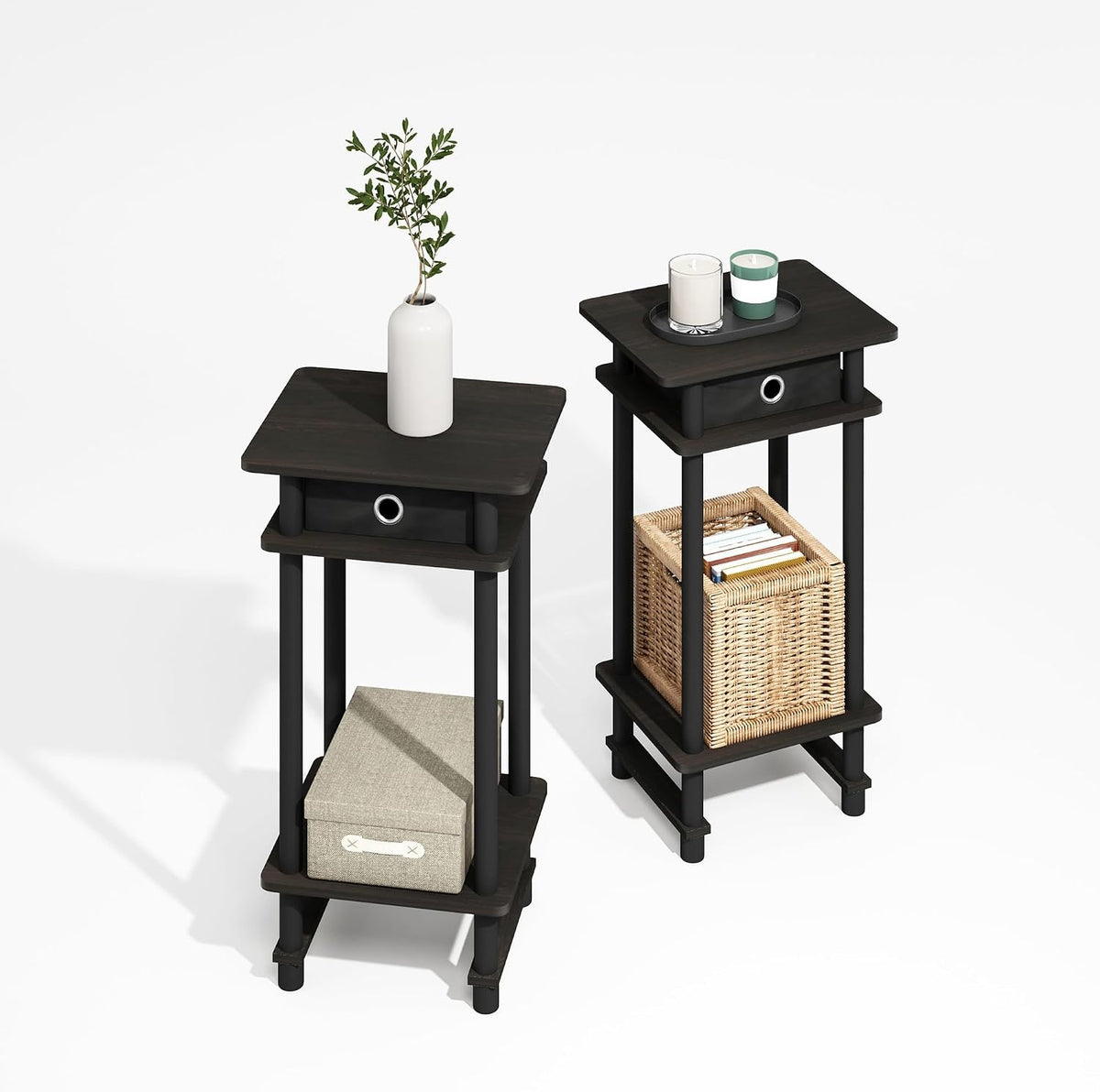Furinno Modern Toolless 3-Tier Compact Side Table Set of 2, Black Espresso