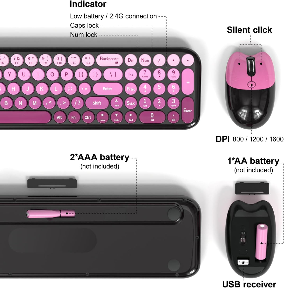 Wireless Keyboards Mouse Combos, 2.4G USB Cordless Keyboard Mouse Set with Colorful Round Retro Keycaps, Cute Typewriter Full-Size Keyboard for PC Laptop Desktop Computer Home Office-Black Pink