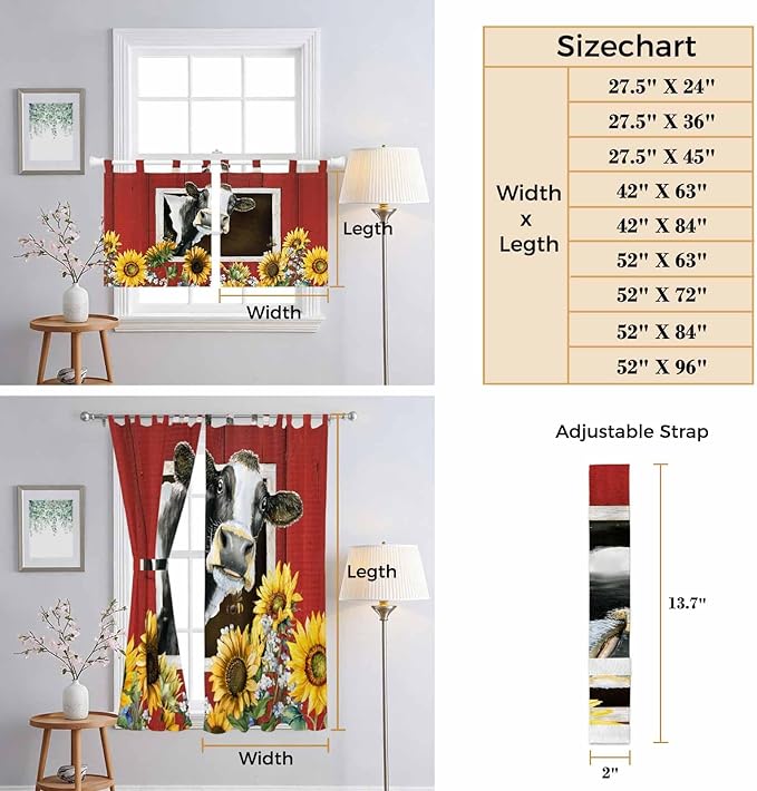Cows Sunflowers Living Room Curtains 96 Inch Length, Window Curtains Tab Top