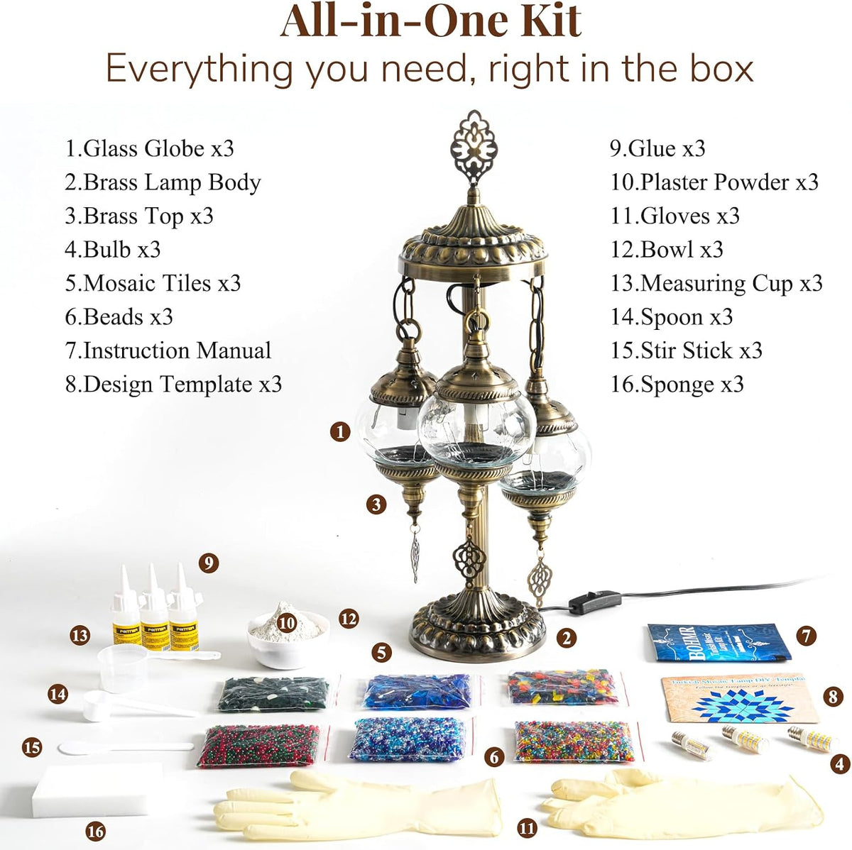 DIY Turkish Mosaic Lamp Kit, 3 Globe Table Lamp Making Kit, Colorful