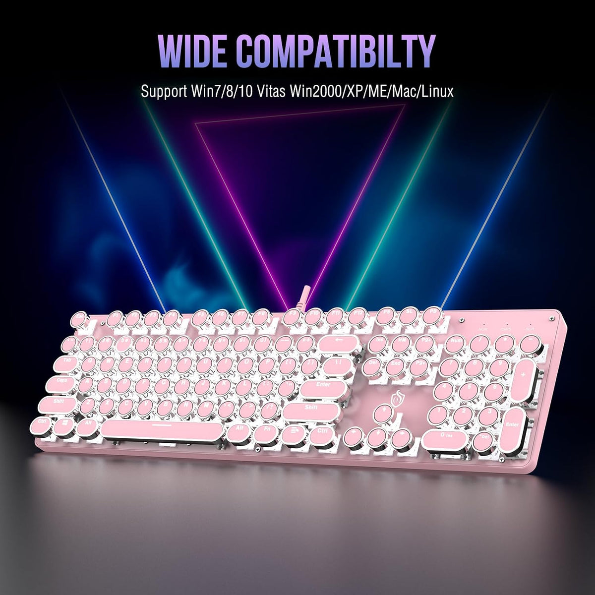 Typewriter Mechanical Gaming Keyboard with RGB Backlit Red Switches, 104 Keys Retro Round Keycap, Wired Typewriter Style Comfortable Typing Soud (Pink)
